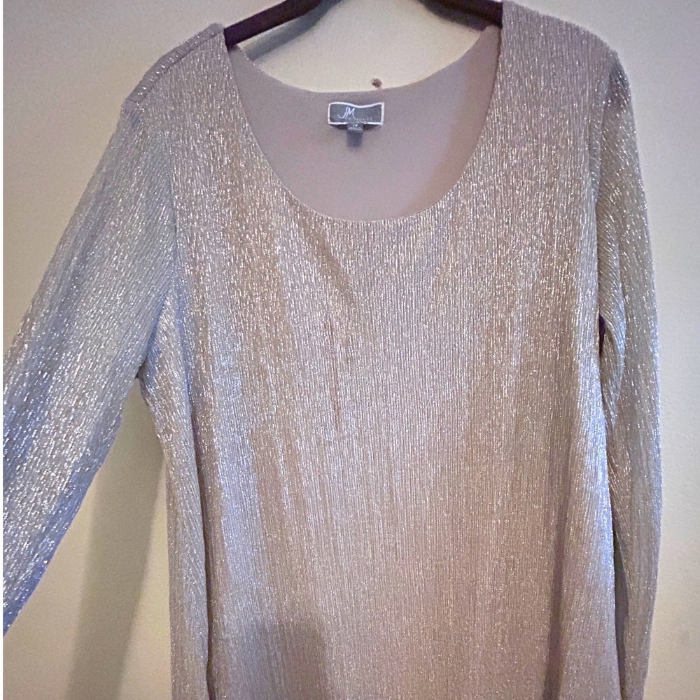 JM Collection Metallic Tunic Blouse Womens 1X Silver Excellent Long Sleeve Lined